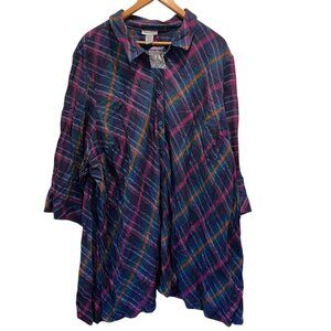 Catherines Women's Top Multicolor Sz 5X Tunic Button Up Plaid 3/4 Sleeves NWOT